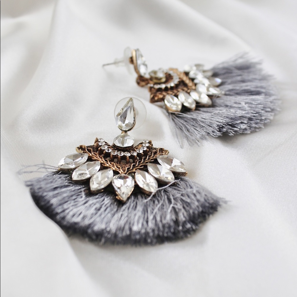 Gray Studded Tassel Earrings with Crystals - Picture 2 of 7